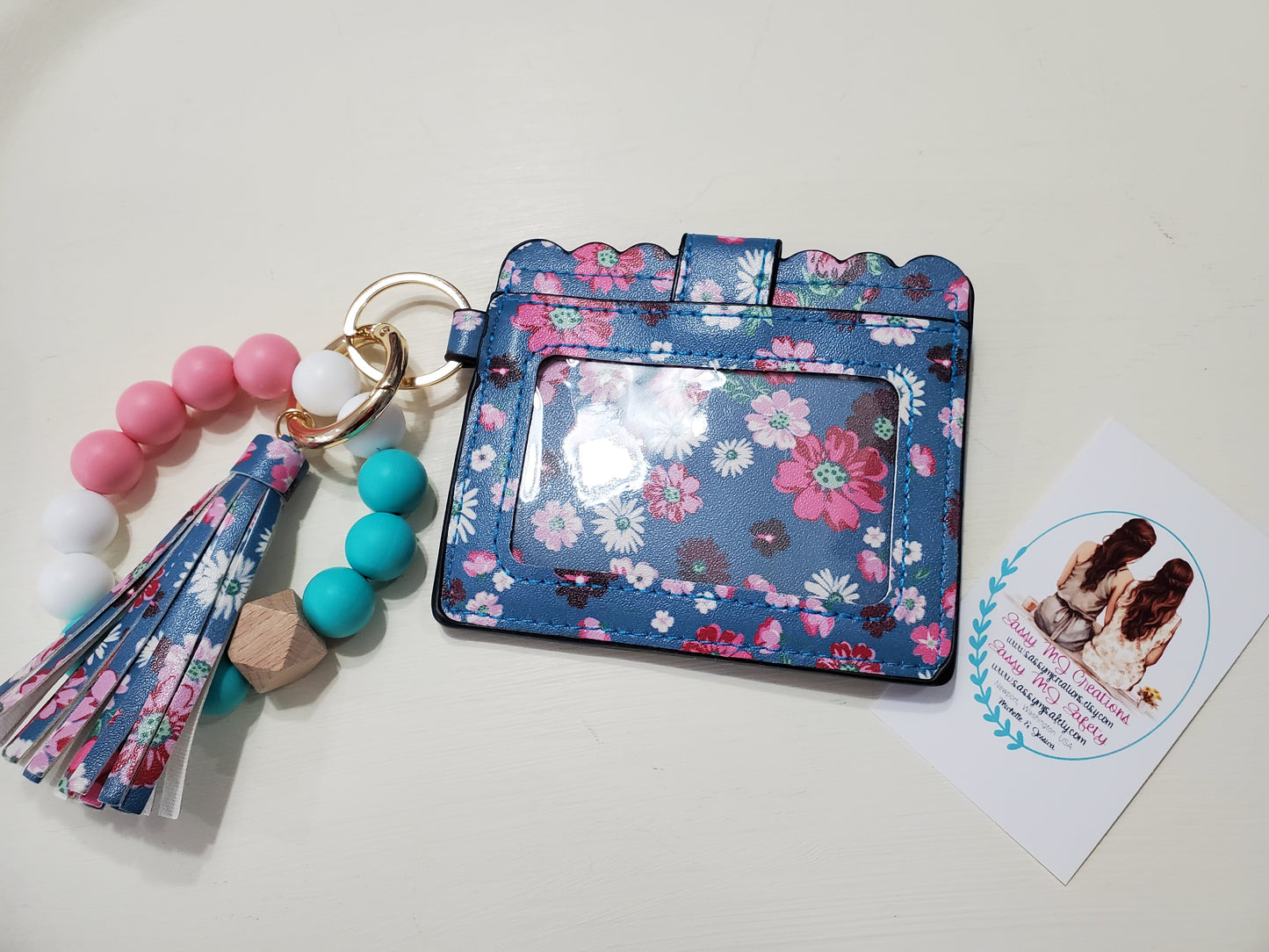 Floral Print Wristlet Wallet Silicone & Bead Bracelet Keychain | Card Holder | Tassel Keychain (1)