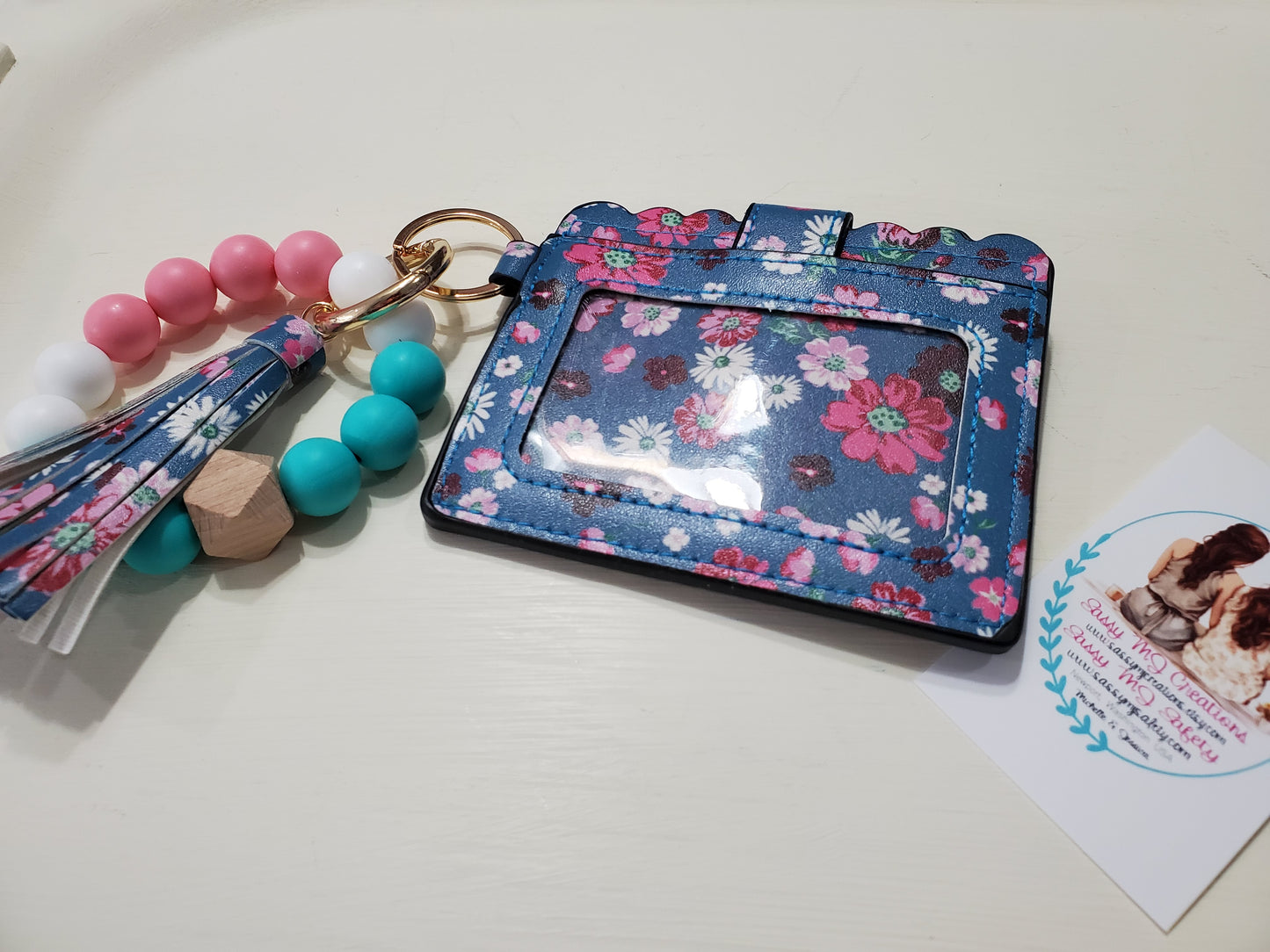 Floral Print Wristlet Wallet Silicone & Bead Bracelet Keychain | Card Holder | Tassel Keychain (1)