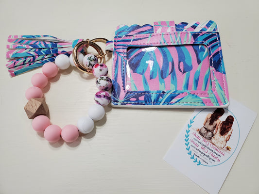 Pink & Blue Leaves Pattern | Wristlet Wallet Silicone Beaded Bracelet Keychain | Card Holder | Tassel Keychain (1)