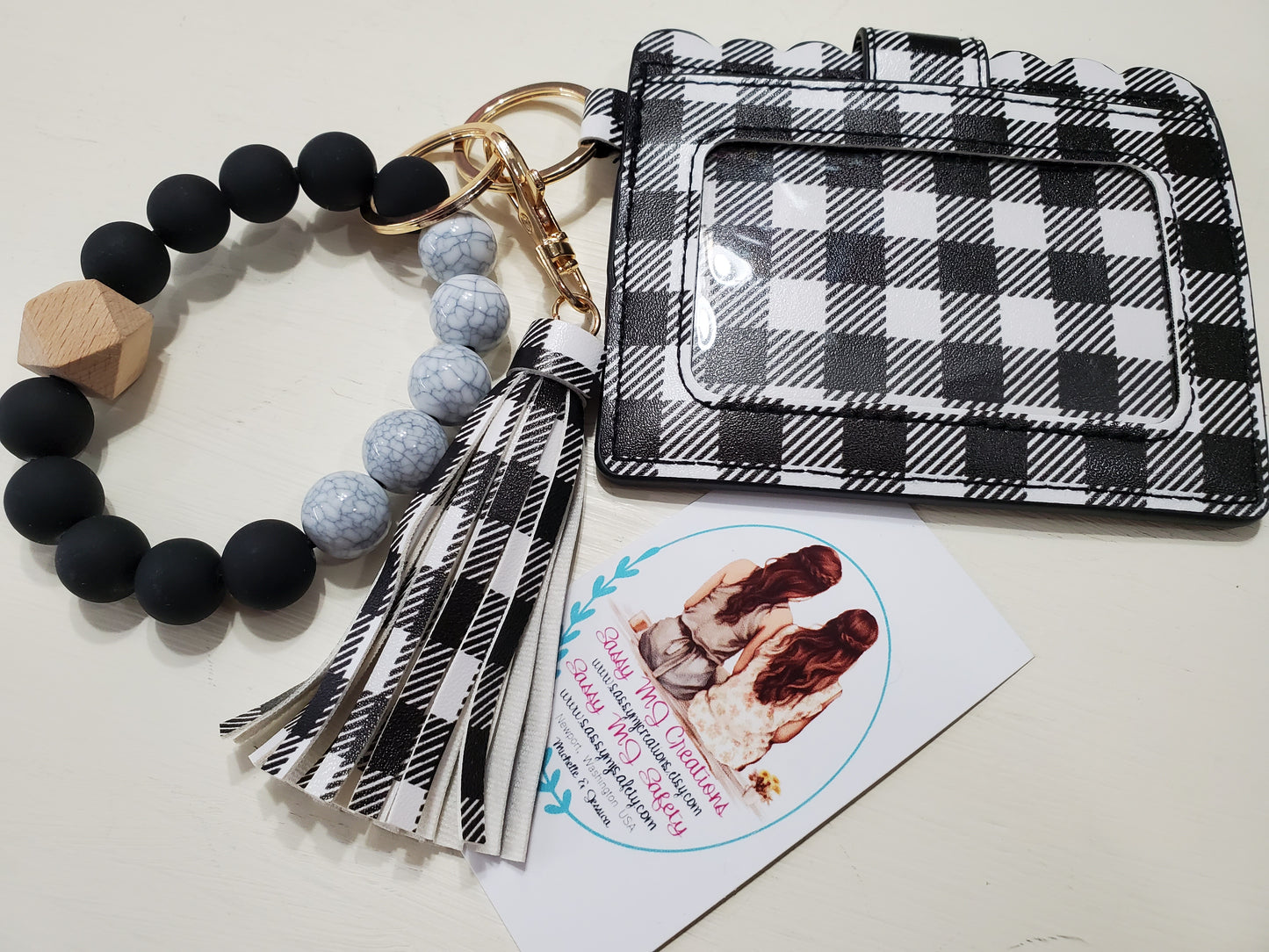 Black Buffalo Check Print Wristlet Wallet Silicone & Bead Bracelet Keychain | Card Holder | Tassel Keychain (1)