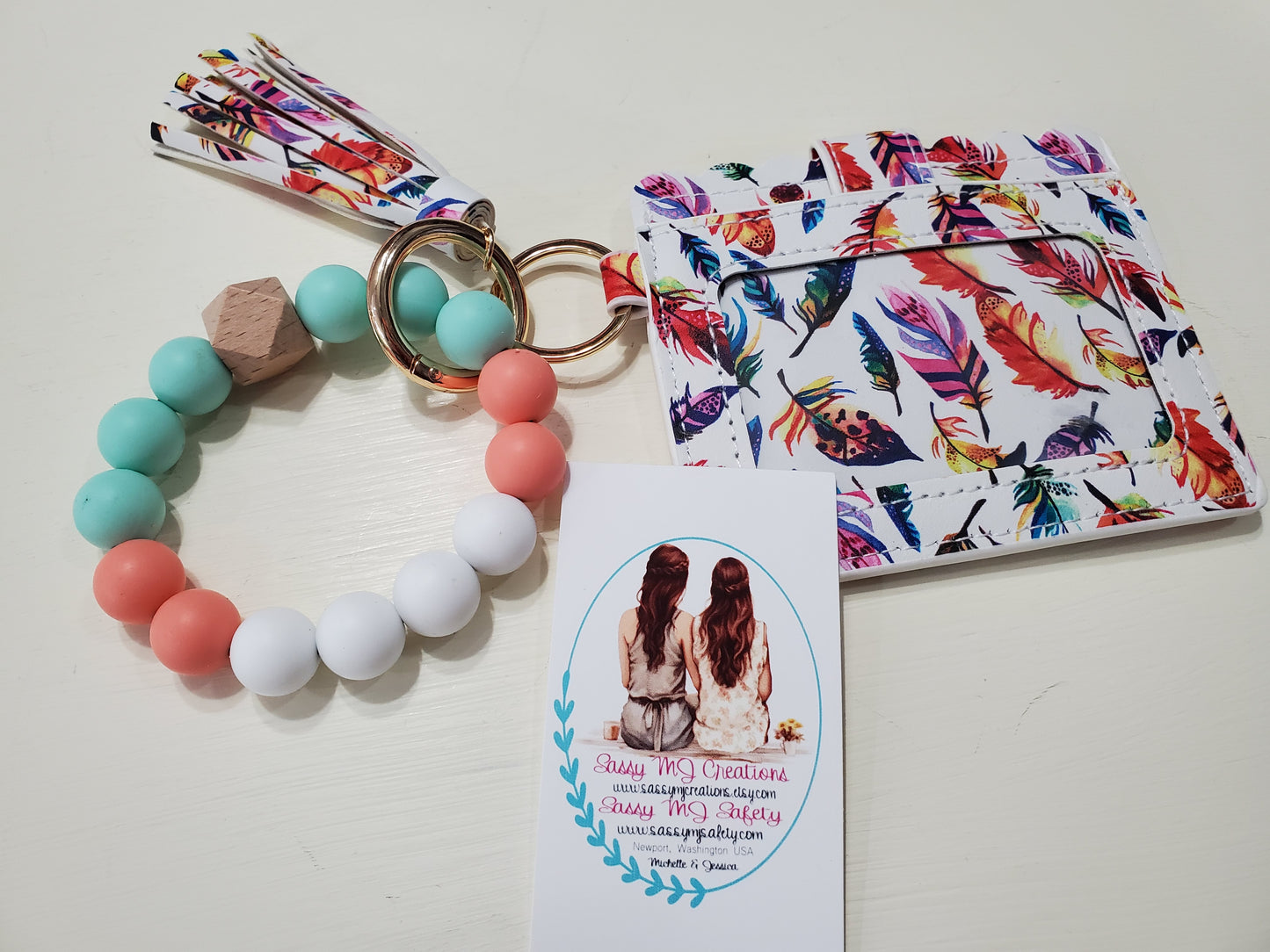 Feather Print Wristlet Wallet Silicone & Bead Bracelet Keychain | Bright Colors | Card Holder | Tassel Keychain (1)