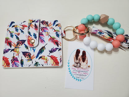 Feather Print Wristlet Wallet Silicone & Bead Bracelet Keychain | Bright Colors | Card Holder | Tassel Keychain (1)