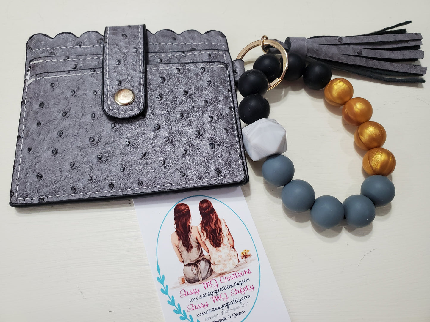 Grey Imitation Ostrich Pattern | Wristlet Wallet Silicone Bracelet Keychain | Card Holder | Tassel Keychain (1)