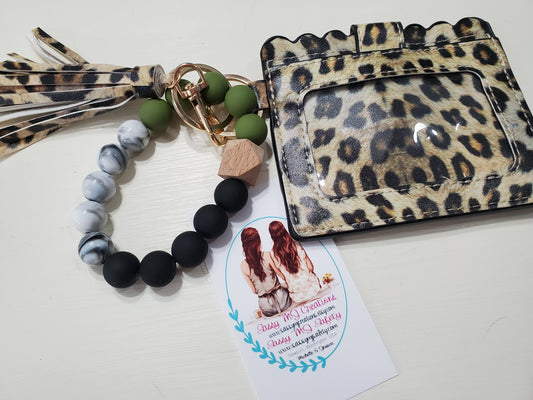 Leopard Print Wristlet Wallet Silicone & Bead Bracelet Keychain | Card Holder | Tassel Keychain (1)