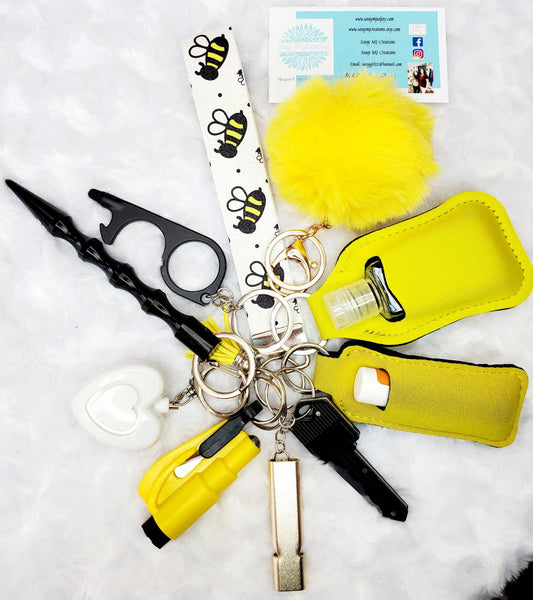 Bee Glitter Print Faux Leather Safety Keychain Set - Personal Safety Keychain 12 pc