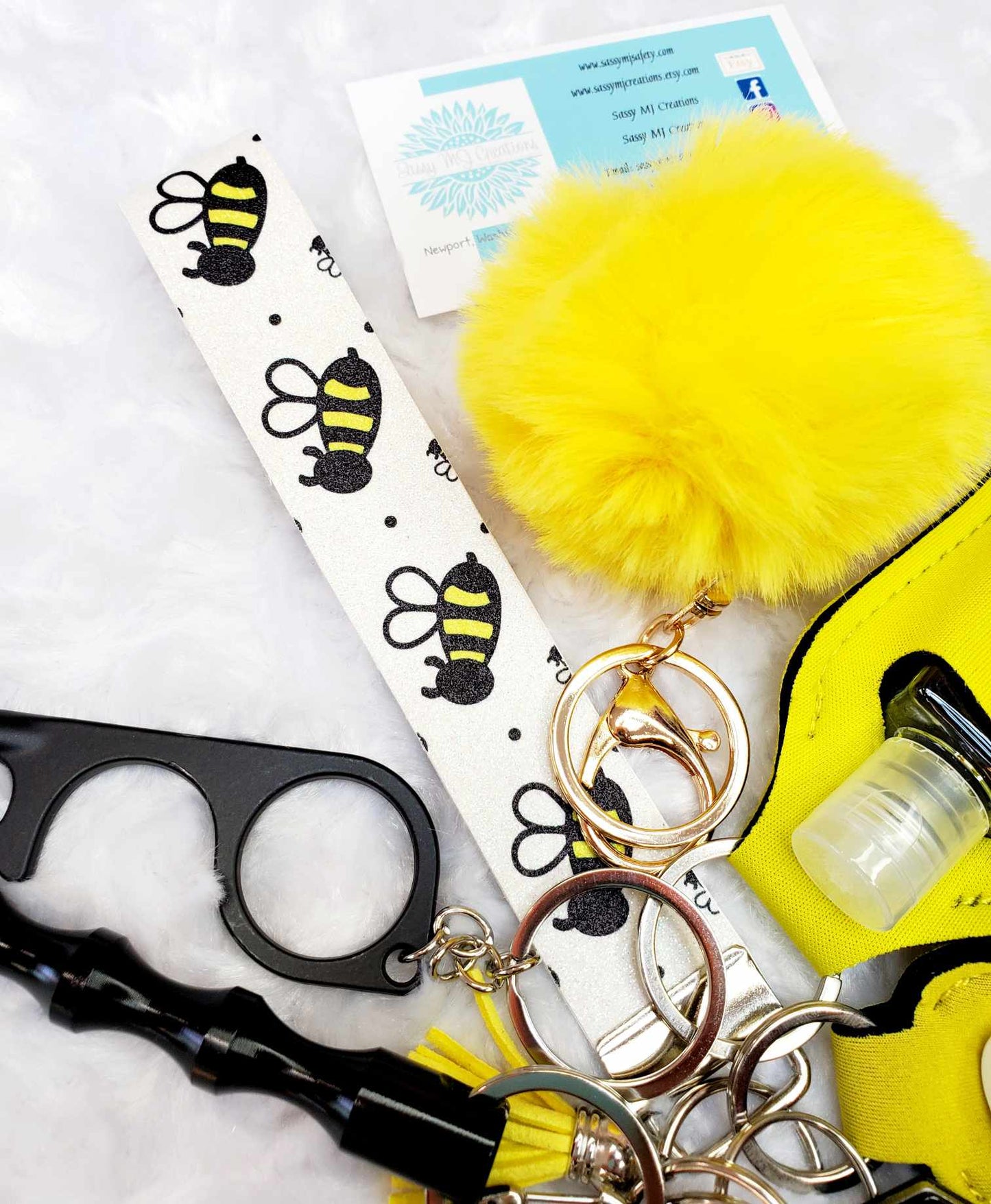 Bee Glitter Print Faux Leather Safety Keychain Set - Personal Safety Keychain 12 pc