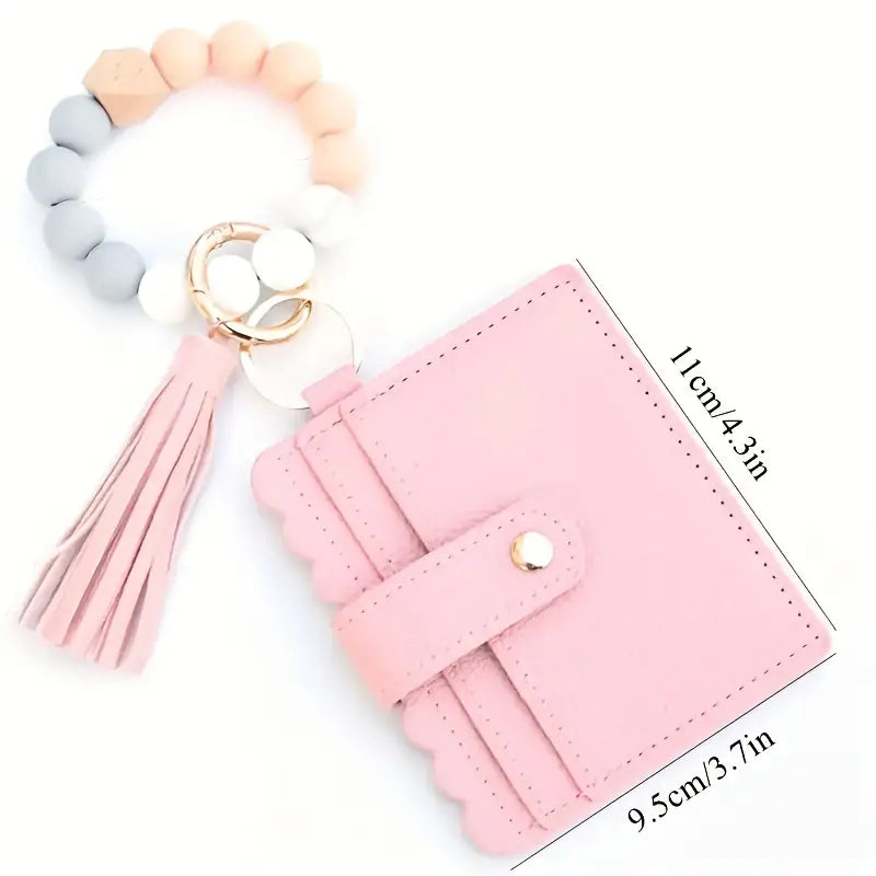 Beige Wristlet Wallet Silicone Bracelet Keychain | Card Holder | Tassel Keychain (1)