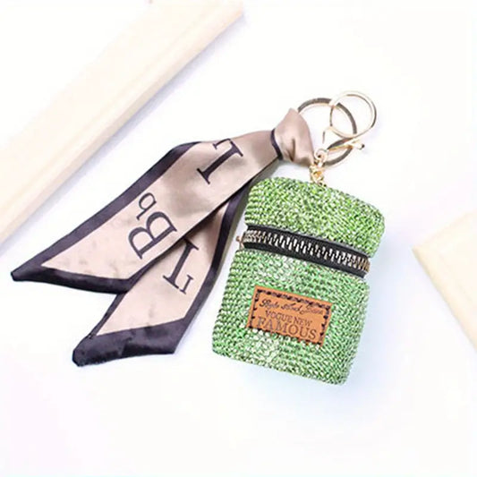 Mini Rhinestone Lipstick Bag, Glitter Cylinder Coin Purse, Scarf Decor Bag Pendant with Keychain